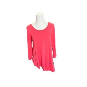 Habitat Long-Sleeved Top Asymmetrical Hem w/Button Detail Coral/Watermelon Pink​